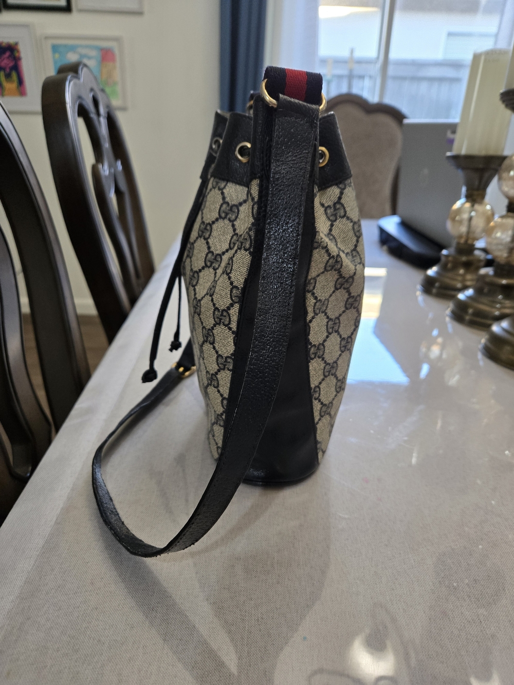 Gucci Black/Beige GG Canvas Drawstring Shoulder Bag - Picture 6 of 10